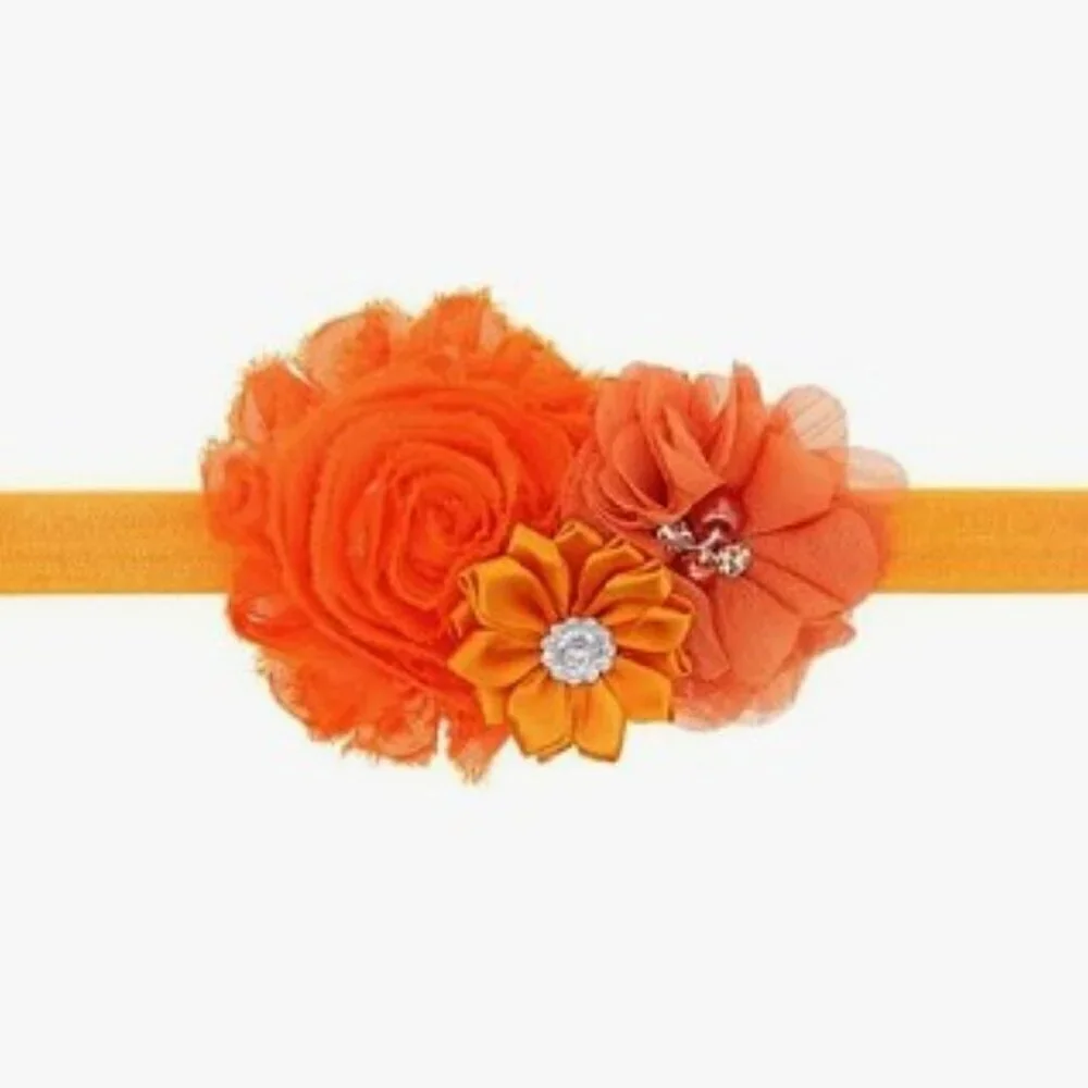 Orange Chiffon Rhinestone Flower Elastic Headbands Holiday Casual